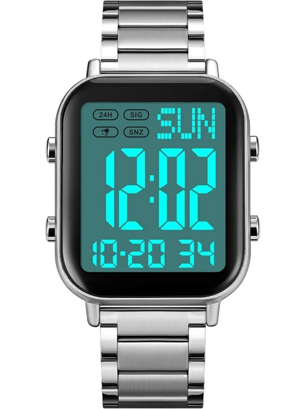 Unisex Silver Analog Stainless Steel Waterproof Electronic Square Digital Watch